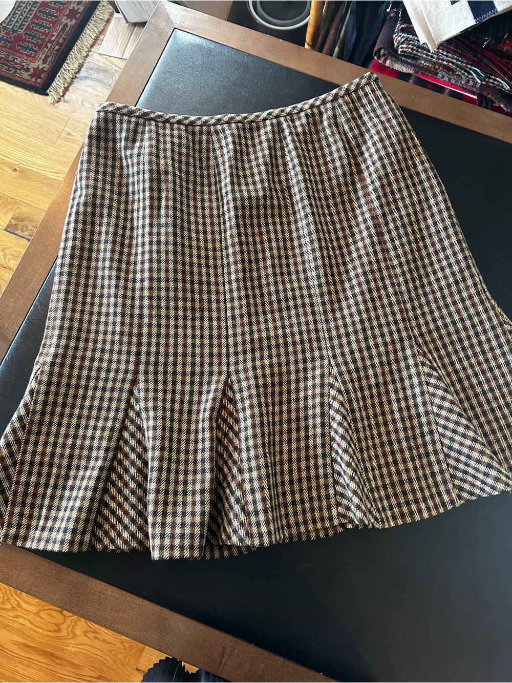 Talbots Brown and Cream Houndstooth A-Line Plaid Skirt